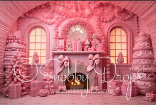 Pink Dollhouse Christmas Room Fabric Backdrop-Fabric Photography Backdrop-Snobby Drops Fabric Backdrops for Photography, Exclusive Designs by Tara Mapes Photography, Enchanted Eye Creations by Tara Mapes, photography backgrounds, photography backdrops, fast shipping, US backdrops, cheap photography backdrops