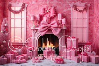 Pink Dollhouse Christmas Room Fabric Backdrop-Fabric Photography Backdrop-Snobby Drops Fabric Backdrops for Photography, Exclusive Designs by Tara Mapes Photography, Enchanted Eye Creations by Tara Mapes, photography backgrounds, photography backdrops, fast shipping, US backdrops, cheap photography backdrops