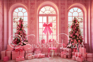 Pink Dollhouse Christmas Room Fabric Backdrop-Fabric Photography Backdrop-Snobby Drops Fabric Backdrops for Photography, Exclusive Designs by Tara Mapes Photography, Enchanted Eye Creations by Tara Mapes, photography backgrounds, photography backdrops, fast shipping, US backdrops, cheap photography backdrops