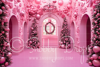 Pink Dollhouse Christmas Room Fabric Backdrop-Fabric Photography Backdrop-Snobby Drops Fabric Backdrops for Photography, Exclusive Designs by Tara Mapes Photography, Enchanted Eye Creations by Tara Mapes, photography backgrounds, photography backdrops, fast shipping, US backdrops, cheap photography backdrops