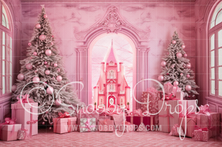 Pink Dollhouse Christmas Room Fabric Backdrop-Fabric Photography Backdrop-Snobby Drops Fabric Backdrops for Photography, Exclusive Designs by Tara Mapes Photography, Enchanted Eye Creations by Tara Mapes, photography backgrounds, photography backdrops, fast shipping, US backdrops, cheap photography backdrops