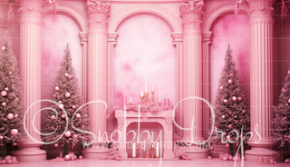 Pink Dollhouse Christmas Room Fabric Backdrop-Fabric Photography Backdrop-Snobby Drops Fabric Backdrops for Photography, Exclusive Designs by Tara Mapes Photography, Enchanted Eye Creations by Tara Mapes, photography backgrounds, photography backdrops, fast shipping, US backdrops, cheap photography backdrops