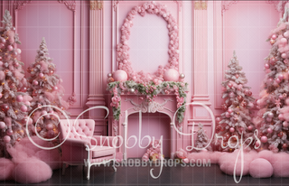 Pink Dollhouse Christmas Room Fabric Backdrop-Fabric Photography Backdrop-Snobby Drops Fabric Backdrops for Photography, Exclusive Designs by Tara Mapes Photography, Enchanted Eye Creations by Tara Mapes, photography backgrounds, photography backdrops, fast shipping, US backdrops, cheap photography backdrops