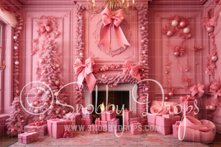 Pink Dollhouse Christmas Room Fireplace Fabric Backdrop-Fabric Photography Backdrop-Snobby Drops Fabric Backdrops for Photography, Exclusive Designs by Tara Mapes Photography, Enchanted Eye Creations by Tara Mapes, photography backgrounds, photography backdrops, fast shipping, US backdrops, cheap photography backdrops