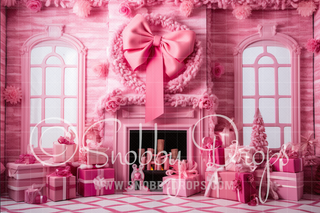 Pink Dollhouse Christmas Room Fireplace Fabric Backdrop-Fabric Photography Backdrop-Snobby Drops Fabric Backdrops for Photography, Exclusive Designs by Tara Mapes Photography, Enchanted Eye Creations by Tara Mapes, photography backgrounds, photography backdrops, fast shipping, US backdrops, cheap photography backdrops