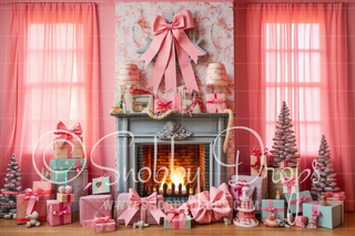 Pink Dollhouse Christmas Room Fireplace Fabric Backdrop-Fabric Photography Backdrop-Snobby Drops Fabric Backdrops for Photography, Exclusive Designs by Tara Mapes Photography, Enchanted Eye Creations by Tara Mapes, photography backgrounds, photography backdrops, fast shipping, US backdrops, cheap photography backdrops