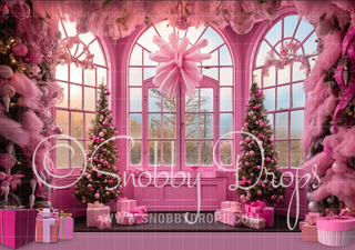 Pink Dollhouse Christmas Room With Rubber Backed Floor-Fabric Photography Backdrop-Snobby Drops Fabric Backdrops for Photography, Exclusive Designs by Tara Mapes Photography, Enchanted Eye Creations by Tara Mapes, photography backgrounds, photography backdrops, fast shipping, US backdrops, cheap photography backdrops