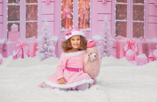 Pink Bows and Lights Dollhouse Christmas Shop Fabric Backdrop-Fabric Photography Backdrop-Snobby Drops Fabric Backdrops for Photography, Exclusive Designs by Tara Mapes Photography, Enchanted Eye Creations by Tara Mapes, photography backgrounds, photography backdrops, fast shipping, US backdrops, cheap photography backdrops