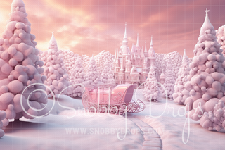 Pink Dollhouse Christmas Sleigh Fabric Backdrop-Fabric Photography Backdrop-Snobby Drops Fabric Backdrops for Photography, Exclusive Designs by Tara Mapes Photography, Enchanted Eye Creations by Tara Mapes, photography backgrounds, photography backdrops, fast shipping, US backdrops, cheap photography backdrops