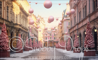 Pink Dollhouse Christmas Street Fabric Backdrop-Fabric Photography Backdrop-Snobby Drops Fabric Backdrops for Photography, Exclusive Designs by Tara Mapes Photography, Enchanted Eye Creations by Tara Mapes, photography backgrounds, photography backdrops, fast shipping, US backdrops, cheap photography backdrops