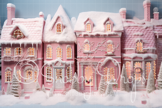 Pink Dollhouse Christmas Town Fabric Backdrop-Fabric Photography Backdrop-Snobby Drops Fabric Backdrops for Photography, Exclusive Designs by Tara Mapes Photography, Enchanted Eye Creations by Tara Mapes, photography backgrounds, photography backdrops, fast shipping, US backdrops, cheap photography backdrops