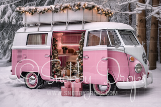 Pink Dollhouse Christmas Van Fabric Backdrop-Fabric Photography Backdrop-Snobby Drops Fabric Backdrops for Photography, Exclusive Designs by Tara Mapes Photography, Enchanted Eye Creations by Tara Mapes, photography backgrounds, photography backdrops, fast shipping, US backdrops, cheap photography backdrops