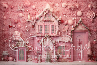 Pink Dollhouse Christmas Wall Fabric Backdrop-Fabric Photography Backdrop-Snobby Drops Fabric Backdrops for Photography, Exclusive Designs by Tara Mapes Photography, Enchanted Eye Creations by Tara Mapes, photography backgrounds, photography backdrops, fast shipping, US backdrops, cheap photography backdrops