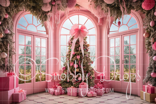 Pink Dollhouse Christmas Window Fabric Backdrop-Fabric Photography Backdrop-Snobby Drops Fabric Backdrops for Photography, Exclusive Designs by Tara Mapes Photography, Enchanted Eye Creations by Tara Mapes, photography backgrounds, photography backdrops, fast shipping, US backdrops, cheap photography backdrops