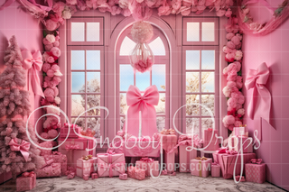 Pink Dollhouse Christmas Window Fabric Backdrop-Fabric Photography Backdrop-Snobby Drops Fabric Backdrops for Photography, Exclusive Designs by Tara Mapes Photography, Enchanted Eye Creations by Tara Mapes, photography backgrounds, photography backdrops, fast shipping, US backdrops, cheap photography backdrops