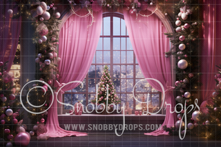 Pink Dollhouse Christmas Window Fabric Backdrop-Fabric Photography Backdrop-Snobby Drops Fabric Backdrops for Photography, Exclusive Designs by Tara Mapes Photography, Enchanted Eye Creations by Tara Mapes, photography backgrounds, photography backdrops, fast shipping, US backdrops, cheap photography backdrops