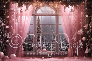 Pink Dollhouse Christmas Window Fabric Backdrop-Fabric Photography Backdrop-Snobby Drops Fabric Backdrops for Photography, Exclusive Designs by Tara Mapes Photography, Enchanted Eye Creations by Tara Mapes, photography backgrounds, photography backdrops, fast shipping, US backdrops, cheap photography backdrops