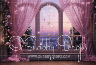 Pink Dollhouse Christmas Window Fabric Backdrop-Fabric Photography Backdrop-Snobby Drops Fabric Backdrops for Photography, Exclusive Designs by Tara Mapes Photography, Enchanted Eye Creations by Tara Mapes, photography backgrounds, photography backdrops, fast shipping, US backdrops, cheap photography backdrops