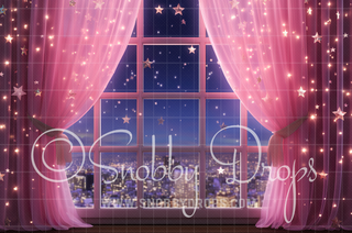 Pink Dollhouse Christmas Window Fabric Backdrop-Fabric Photography Backdrop-Snobby Drops Fabric Backdrops for Photography, Exclusive Designs by Tara Mapes Photography, Enchanted Eye Creations by Tara Mapes, photography backgrounds, photography backdrops, fast shipping, US backdrops, cheap photography backdrops