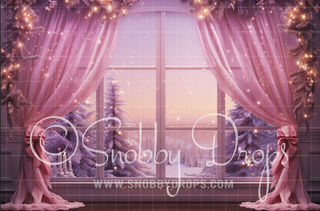 Pink Dollhouse Christmas Window Fabric Backdrop-Fabric Photography Backdrop-Snobby Drops Fabric Backdrops for Photography, Exclusive Designs by Tara Mapes Photography, Enchanted Eye Creations by Tara Mapes, photography backgrounds, photography backdrops, fast shipping, US backdrops, cheap photography backdrops