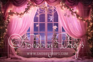 Pink Dollhouse Christmas Window Fabric Backdrop-Fabric Photography Backdrop-Snobby Drops Fabric Backdrops for Photography, Exclusive Designs by Tara Mapes Photography, Enchanted Eye Creations by Tara Mapes, photography backgrounds, photography backdrops, fast shipping, US backdrops, cheap photography backdrops