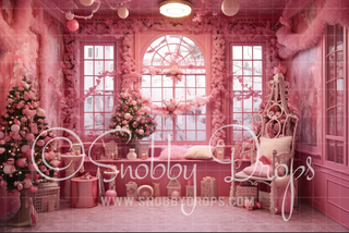 Pink Dollhouse Christmas Window Room Fabric Backdrop-Fabric Photography Backdrop-Snobby Drops Fabric Backdrops for Photography, Exclusive Designs by Tara Mapes Photography, Enchanted Eye Creations by Tara Mapes, photography backgrounds, photography backdrops, fast shipping, US backdrops, cheap photography backdrops