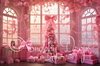 Pink Dollhouse Christmas Window Room Fabric Backdrop-Fabric Photography Backdrop-Snobby Drops Fabric Backdrops for Photography, Exclusive Designs by Tara Mapes Photography, Enchanted Eye Creations by Tara Mapes, photography backgrounds, photography backdrops, fast shipping, US backdrops, cheap photography backdrops