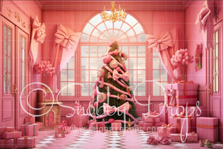 Pink Dollhouse Christmas Window Room Fabric Backdrop-Fabric Photography Backdrop-Snobby Drops Fabric Backdrops for Photography, Exclusive Designs by Tara Mapes Photography, Enchanted Eye Creations by Tara Mapes, photography backgrounds, photography backdrops, fast shipping, US backdrops, cheap photography backdrops