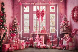 Pink Dollhouse Christmas Window Room Fabric Backdrop-Fabric Photography Backdrop-Snobby Drops Fabric Backdrops for Photography, Exclusive Designs by Tara Mapes Photography, Enchanted Eye Creations by Tara Mapes, photography backgrounds, photography backdrops, fast shipping, US backdrops, cheap photography backdrops