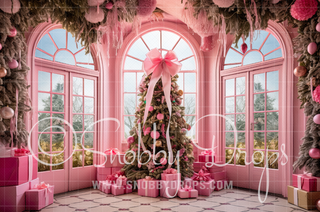 Pink Dollhouse Christmas Window Room Fabric Backdrop-Fabric Photography Backdrop-Snobby Drops Fabric Backdrops for Photography, Exclusive Designs by Tara Mapes Photography, Enchanted Eye Creations by Tara Mapes, photography backgrounds, photography backdrops, fast shipping, US backdrops, cheap photography backdrops