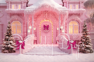 Pink Dollhouse Dreamhouse Christmas Mansion Fabric Backdrop-Fabric Photography Backdrop-Snobby Drops Fabric Backdrops for Photography, Exclusive Designs by Tara Mapes Photography, Enchanted Eye Creations by Tara Mapes, photography backgrounds, photography backdrops, fast shipping, US backdrops, cheap photography backdrops