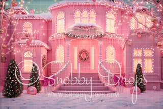 Pink Dollhouse Dreamhouse Christmas Mansion Fabric Backdrop-Fabric Photography Backdrop-Snobby Drops Fabric Backdrops for Photography, Exclusive Designs by Tara Mapes Photography, Enchanted Eye Creations by Tara Mapes, photography backgrounds, photography backdrops, fast shipping, US backdrops, cheap photography backdrops