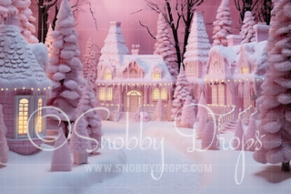 Pink Dollhouse Dreamhouse Christmas Town Fabric Backdrop-Fabric Photography Backdrop-Snobby Drops Fabric Backdrops for Photography, Exclusive Designs by Tara Mapes Photography, Enchanted Eye Creations by Tara Mapes, photography backgrounds, photography backdrops, fast shipping, US backdrops, cheap photography backdrops