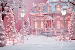 Pink Dollhouse Dreamhouse Christmas Town Fabric Backdrop-Fabric Photography Backdrop-Snobby Drops Fabric Backdrops for Photography, Exclusive Designs by Tara Mapes Photography, Enchanted Eye Creations by Tara Mapes, photography backgrounds, photography backdrops, fast shipping, US backdrops, cheap photography backdrops