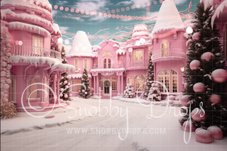 Pink Dollhouse Dreamhouse Christmas Town Fabric Backdrop-Fabric Photography Backdrop-Snobby Drops Fabric Backdrops for Photography, Exclusive Designs by Tara Mapes Photography, Enchanted Eye Creations by Tara Mapes, photography backgrounds, photography backdrops, fast shipping, US backdrops, cheap photography backdrops