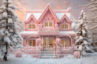 Pink Dollhouse Gingerbread House Fabric Backdrop-Fabric Photography Backdrop-Snobby Drops Fabric Backdrops for Photography, Exclusive Designs by Tara Mapes Photography, Enchanted Eye Creations by Tara Mapes, photography backgrounds, photography backdrops, fast shipping, US backdrops, cheap photography backdrops