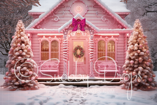 Pink Dollhouse Gingerbread House Fabric Backdrop-Fabric Photography Backdrop-Snobby Drops Fabric Backdrops for Photography, Exclusive Designs by Tara Mapes Photography, Enchanted Eye Creations by Tara Mapes, photography backgrounds, photography backdrops, fast shipping, US backdrops, cheap photography backdrops