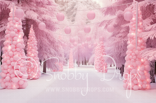 Pink Dollhouse Pine Tree Path Fabric Backdrop-Fabric Photography Backdrop-Snobby Drops Fabric Backdrops for Photography, Exclusive Designs by Tara Mapes Photography, Enchanted Eye Creations by Tara Mapes, photography backgrounds, photography backdrops, fast shipping, US backdrops, cheap photography backdrops