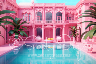 Pink Dollhouse Pool Patio with Palms Dreamhouse Fabric Backdrop-Fabric Photography Backdrop-Snobby Drops Fabric Backdrops for Photography, Exclusive Designs by Tara Mapes Photography, Enchanted Eye Creations by Tara Mapes, photography backgrounds, photography backdrops, fast shipping, US backdrops, cheap photography backdrops