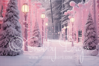 Pink Dollhouse Snowy Path Fabric Backdrop-Fabric Photography Backdrop-Snobby Drops Fabric Backdrops for Photography, Exclusive Designs by Tara Mapes Photography, Enchanted Eye Creations by Tara Mapes, photography backgrounds, photography backdrops, fast shipping, US backdrops, cheap photography backdrops