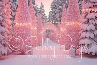 Pink Dollhouse Snowy Path Fabric Backdrop-Fabric Photography Backdrop-Snobby Drops Fabric Backdrops for Photography, Exclusive Designs by Tara Mapes Photography, Enchanted Eye Creations by Tara Mapes, photography backgrounds, photography backdrops, fast shipping, US backdrops, cheap photography backdrops