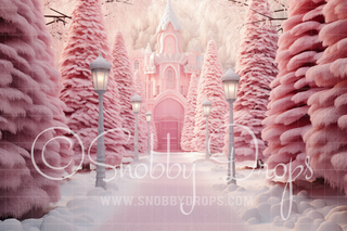 Pink Dollhouse Snowy Path Fabric Backdrop-Fabric Photography Backdrop-Snobby Drops Fabric Backdrops for Photography, Exclusive Designs by Tara Mapes Photography, Enchanted Eye Creations by Tara Mapes, photography backgrounds, photography backdrops, fast shipping, US backdrops, cheap photography backdrops