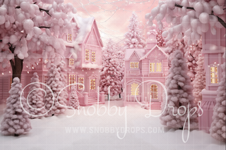 Pink Dollhouse Snowy Path Fabric Backdrop-Fabric Photography Backdrop-Snobby Drops Fabric Backdrops for Photography, Exclusive Designs by Tara Mapes Photography, Enchanted Eye Creations by Tara Mapes, photography backgrounds, photography backdrops, fast shipping, US backdrops, cheap photography backdrops