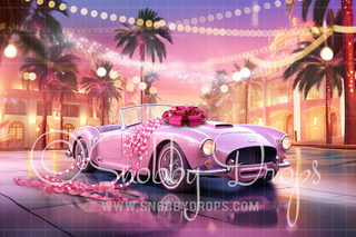 Pink Dollhouse Sports Car Christmas Fabric Backdrop-Fabric Photography Backdrop-Snobby Drops Fabric Backdrops for Photography, Exclusive Designs by Tara Mapes Photography, Enchanted Eye Creations by Tara Mapes, photography backgrounds, photography backdrops, fast shipping, US backdrops, cheap photography backdrops