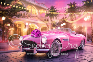 Pink Dollhouse Sports Car Christmas Fabric Backdrop-Fabric Photography Backdrop-Snobby Drops Fabric Backdrops for Photography, Exclusive Designs by Tara Mapes Photography, Enchanted Eye Creations by Tara Mapes, photography backgrounds, photography backdrops, fast shipping, US backdrops, cheap photography backdrops