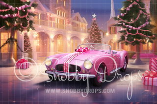 Pink Dollhouse Sports Car Christmas Fabric Backdrop-Fabric Photography Backdrop-Snobby Drops Fabric Backdrops for Photography, Exclusive Designs by Tara Mapes Photography, Enchanted Eye Creations by Tara Mapes, photography backgrounds, photography backdrops, fast shipping, US backdrops, cheap photography backdrops