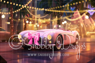 Pink Dollhouse Sports Car Christmas Fabric Backdrop-Fabric Photography Backdrop-Snobby Drops Fabric Backdrops for Photography, Exclusive Designs by Tara Mapes Photography, Enchanted Eye Creations by Tara Mapes, photography backgrounds, photography backdrops, fast shipping, US backdrops, cheap photography backdrops