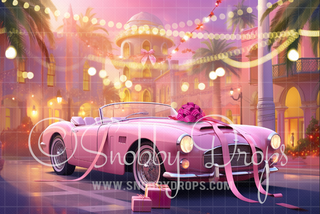 Pink Dollhouse Sports Car Christmas Fabric Backdrop-Fabric Photography Backdrop-Snobby Drops Fabric Backdrops for Photography, Exclusive Designs by Tara Mapes Photography, Enchanted Eye Creations by Tara Mapes, photography backgrounds, photography backdrops, fast shipping, US backdrops, cheap photography backdrops