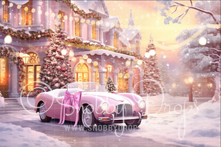 Pink Dollhouse Sports Car Christmas Fabric Backdrop-Fabric Photography Backdrop-Snobby Drops Fabric Backdrops for Photography, Exclusive Designs by Tara Mapes Photography, Enchanted Eye Creations by Tara Mapes, photography backgrounds, photography backdrops, fast shipping, US backdrops, cheap photography backdrops