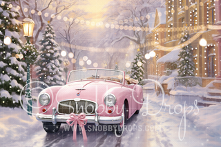 Pink Dollhouse Sports Car Christmas Fabric Backdrop-Fabric Photography Backdrop-Snobby Drops Fabric Backdrops for Photography, Exclusive Designs by Tara Mapes Photography, Enchanted Eye Creations by Tara Mapes, photography backgrounds, photography backdrops, fast shipping, US backdrops, cheap photography backdrops